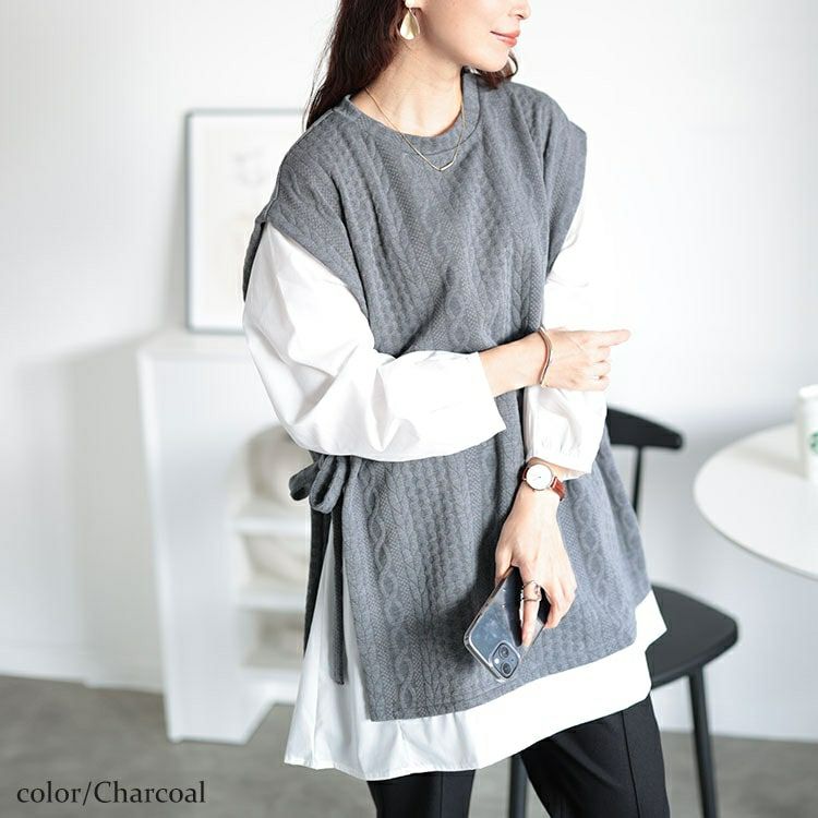 大きいサイズ レディース 脇リボンベスト重ね着風チュニック　plan-260508