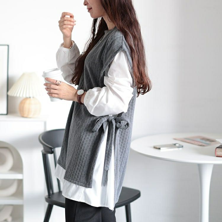 大きいサイズ レディース 脇リボンベスト重ね着風チュニック　plan-260508