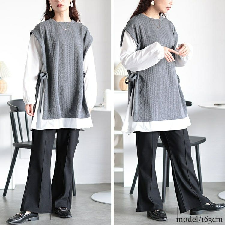 大きいサイズ レディース 脇リボンベスト重ね着風チュニック　plan-260508