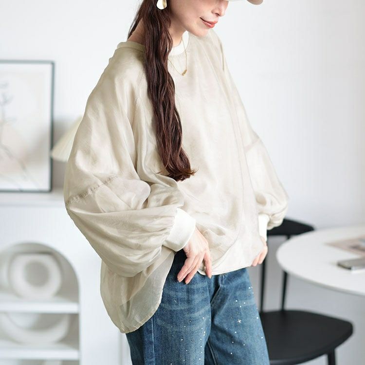 大きいサイズ レディース シアーレイヤードボリューム袖プルオーバー　plan-250056