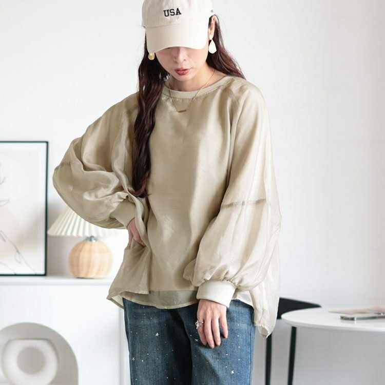 大きいサイズ レディース シアーレイヤードボリューム袖プルオーバー　plan-250056