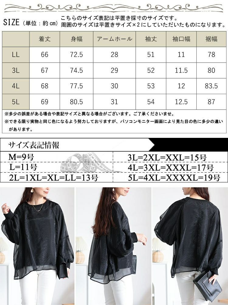 大きいサイズ レディース シアーレイヤードボリューム袖プルオーバー　plan-250056