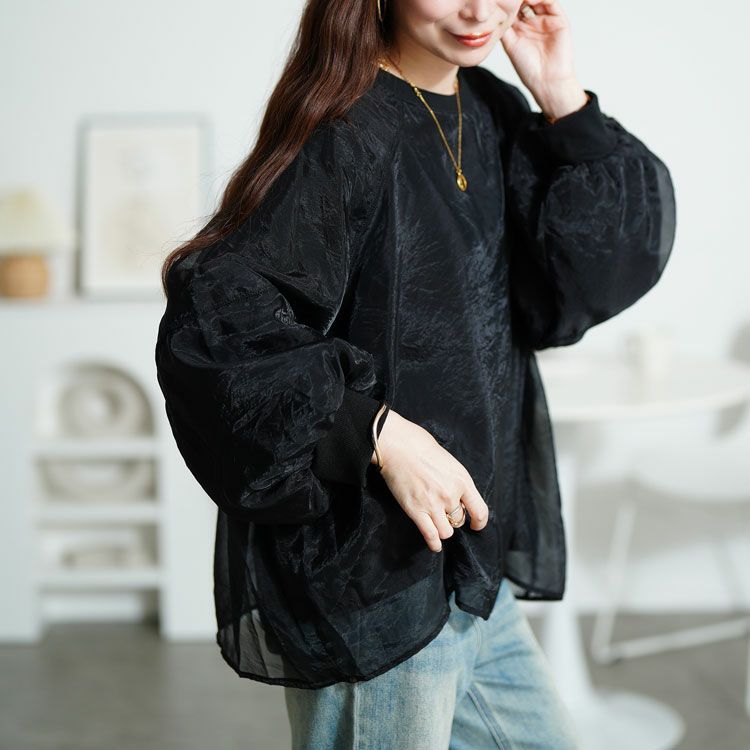 大きいサイズ レディース シアーレイヤードボリューム袖プルオーバー　plan-250056 ブラック