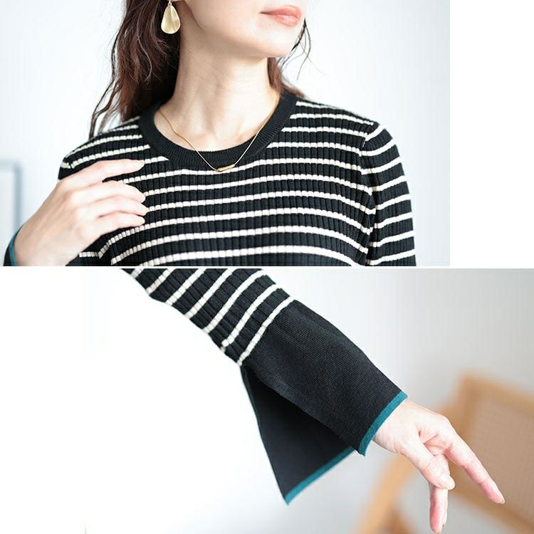 大きいサイズ レディース ベルスリーブ配色リブニット　plan-450003