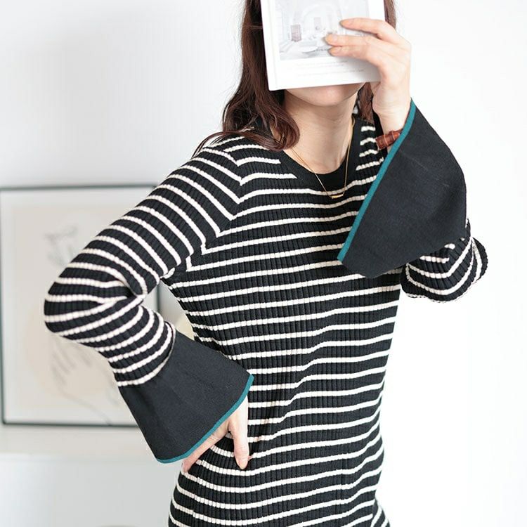 大きいサイズ レディース ベルスリーブ配色リブニット　plan-450003