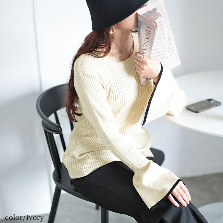 大きいサイズ レディース ベルスリーブ配色リブニット　plan-450003