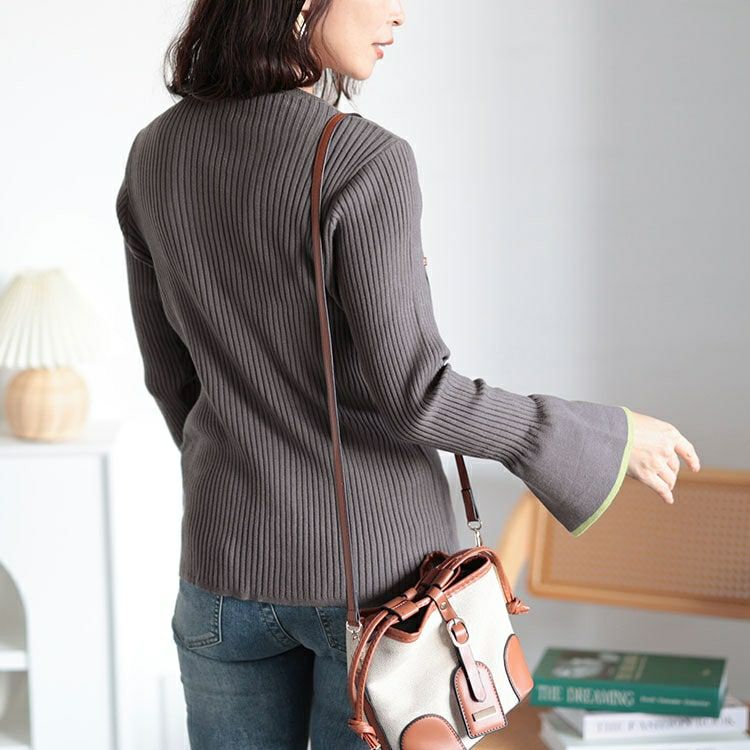 大きいサイズ レディース ベルスリーブ配色リブニット　plan-450003