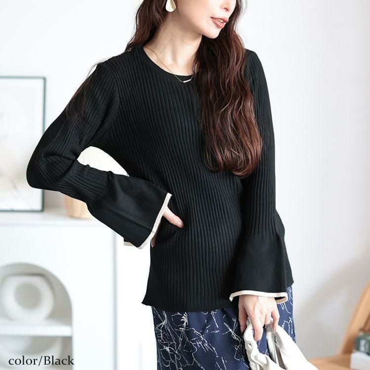 大きいサイズ レディース ベルスリーブ配色リブニット　plan-450003 ブラック