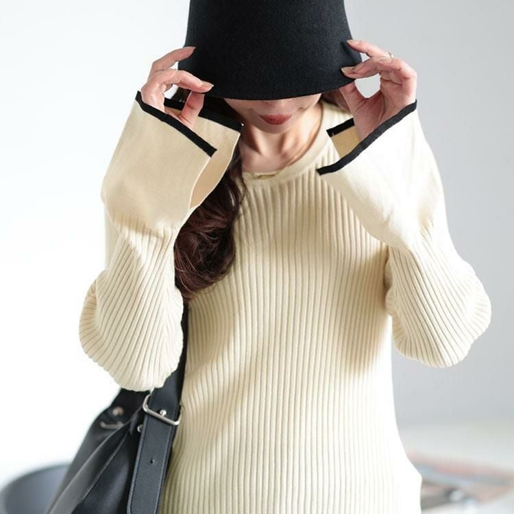 大きいサイズ レディース ベルスリーブ配色リブニット　plan-450003 アイボリー