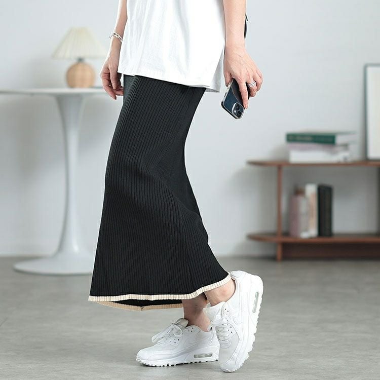 大きいサイズ レディース 配色リブニットナロースカート　plan-450004