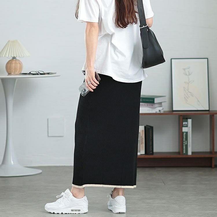 大きいサイズ レディース 配色リブニットナロースカート　plan-450004