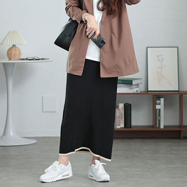 大きいサイズ レディース 配色リブニットナロースカート　plan-450004