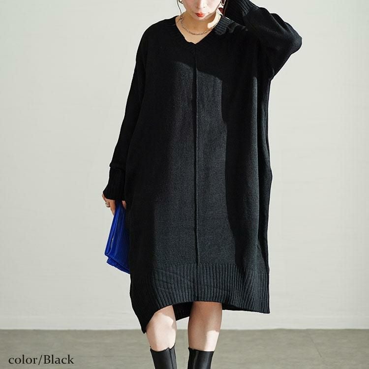 大きいサイズ レディース センターラインコクーンニットワンピース　kt-43003 ブラック