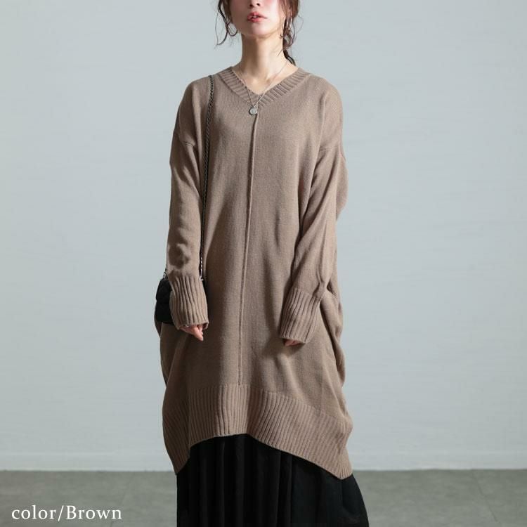 大きいサイズ レディース センターラインコクーンニットワンピース　kt-43003 ブラウン