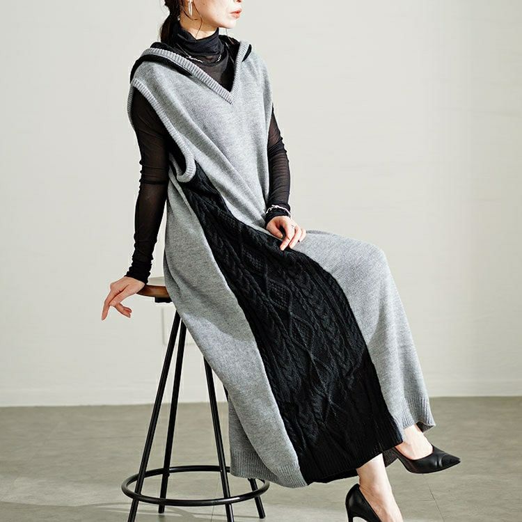 大きいサイズ レディース 配色ニットノースリーブパーカーワンピース　kt-43002