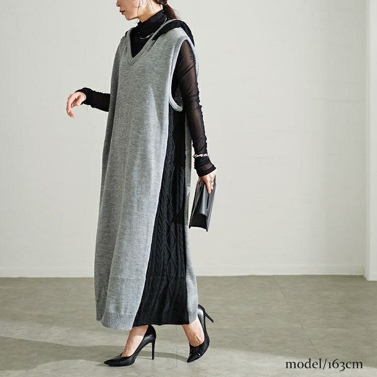 大きいサイズ レディース 配色ニットノースリーブパーカーワンピース　kt-43002