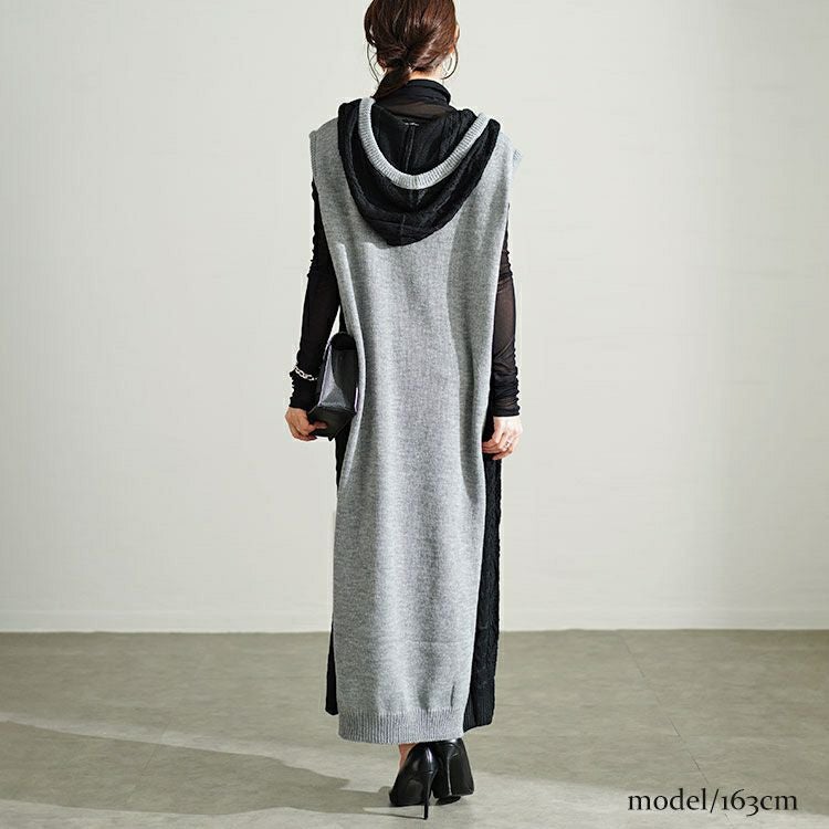 大きいサイズ レディース 配色ニットノースリーブパーカーワンピース　kt-43002
