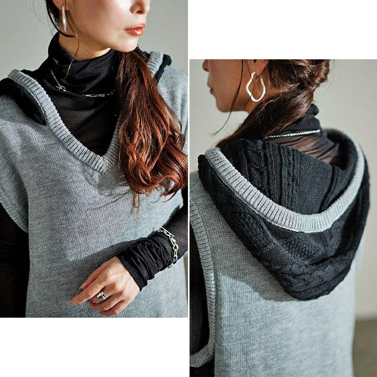 大きいサイズ レディース 配色ニットノースリーブパーカーワンピース　kt-43002