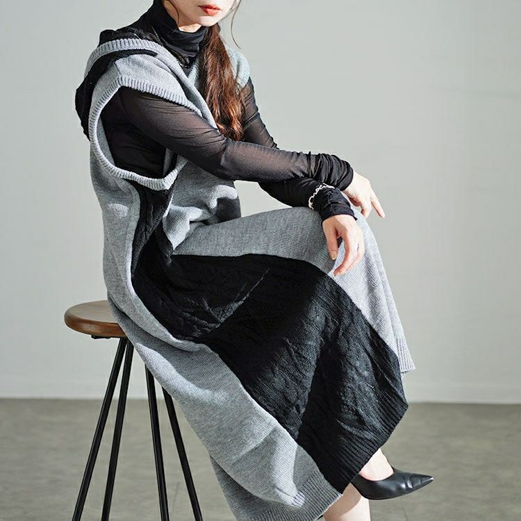 大きいサイズ レディース 配色ニットノースリーブパーカーワンピース　kt-43002