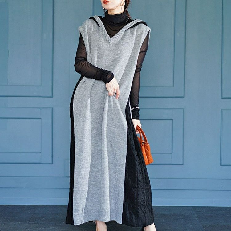 大きいサイズ レディース 配色ニットノースリーブパーカーワンピース　kt-43002