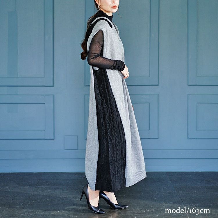 大きいサイズ レディース 配色ニットノースリーブパーカーワンピース　kt-43002