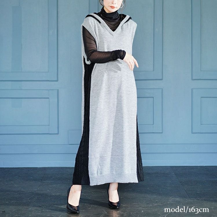 大きいサイズ レディース 配色ニットノースリーブパーカーワンピース　kt-43002