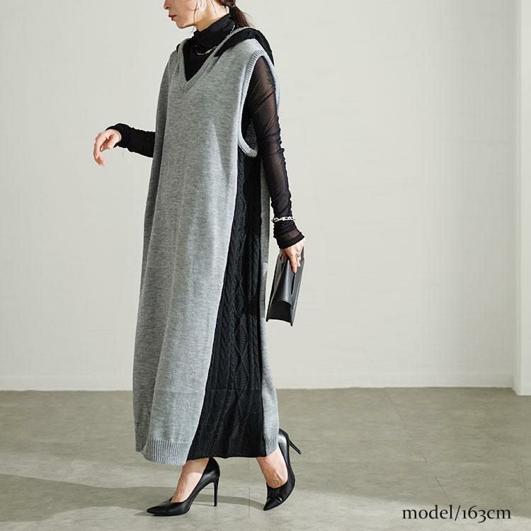 大きいサイズ レディース 配色ニットノースリーブパーカーワンピース　kt-43002 ブラック