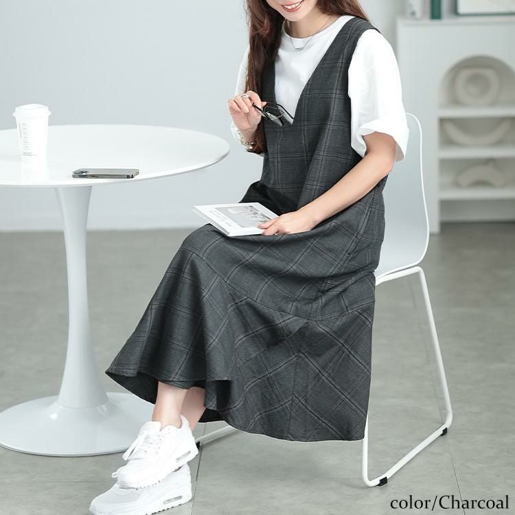 大きいサイズ レディース グレンチェックマーメイドジャンパースカート　cpdai-640552 チャコール