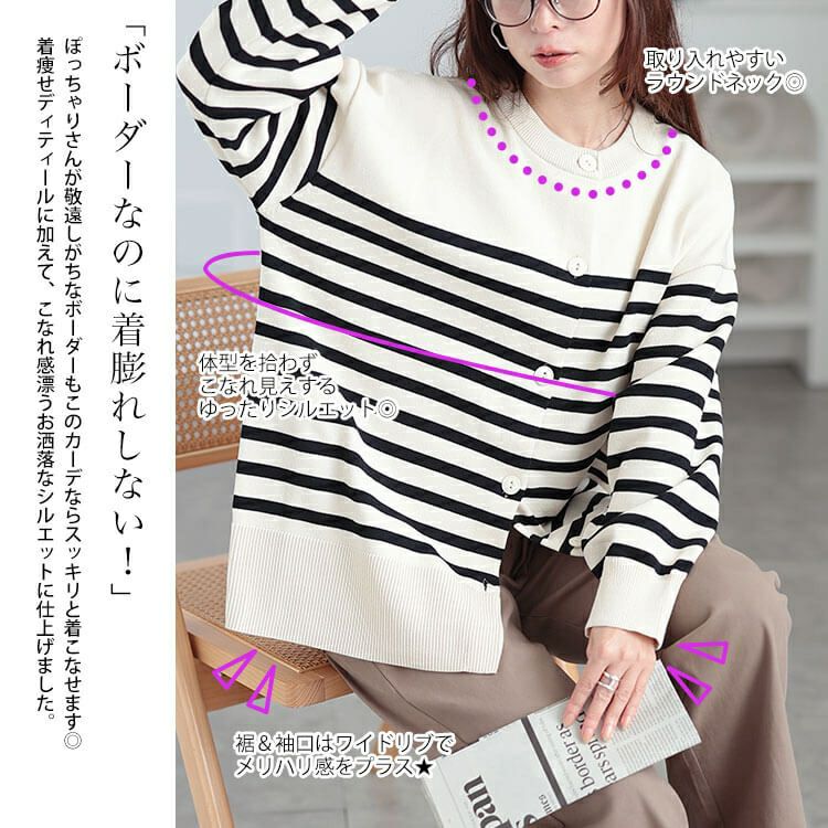 大きいサイズ レディース ラウンドネックパネルボーダーカーディガン　cpdai-640568