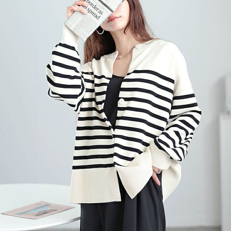 大きいサイズ レディース ラウンドネックパネルボーダーカーディガン　cpdai-640568