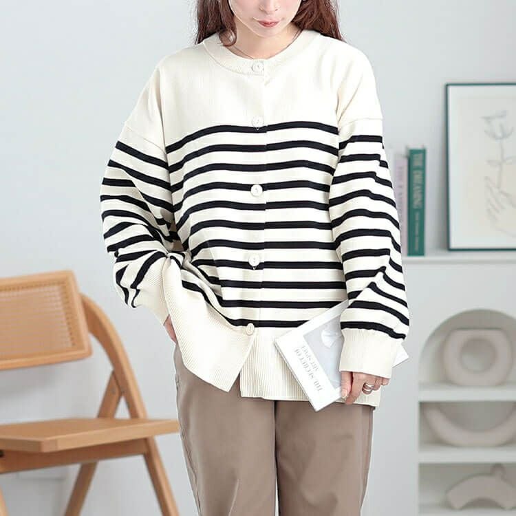 大きいサイズ レディース ラウンドネックパネルボーダーカーディガン　cpdai-640568