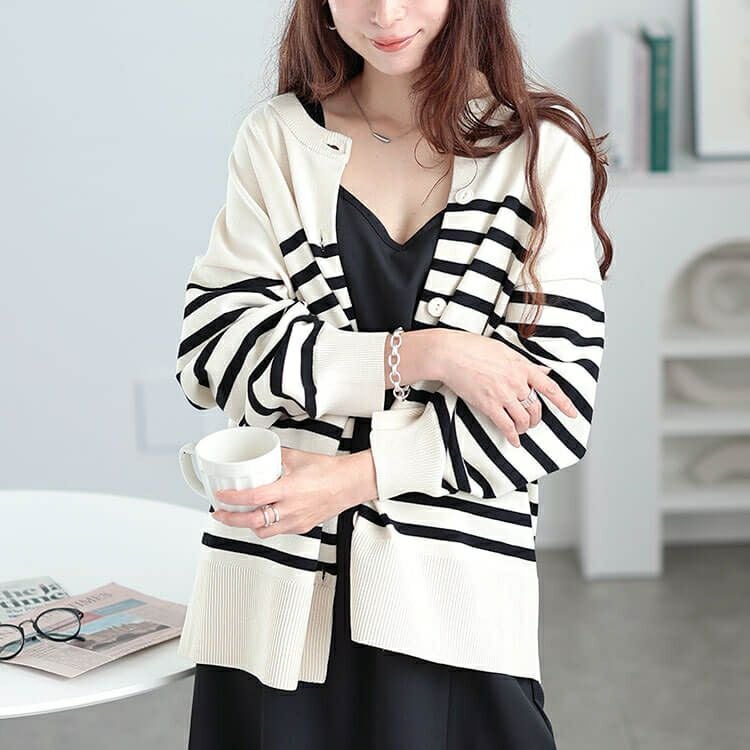 大きいサイズ レディース ラウンドネックパネルボーダーカーディガン　cpdai-640568