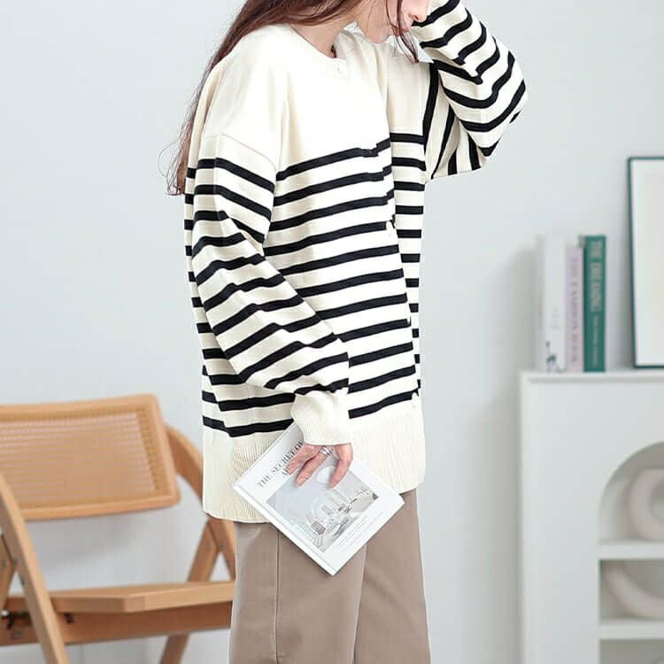 大きいサイズ レディース ラウンドネックパネルボーダーカーディガン　cpdai-640568