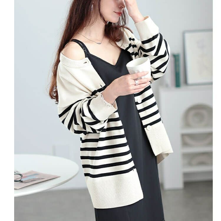 大きいサイズ レディース ラウンドネックパネルボーダーカーディガン　cpdai-640568