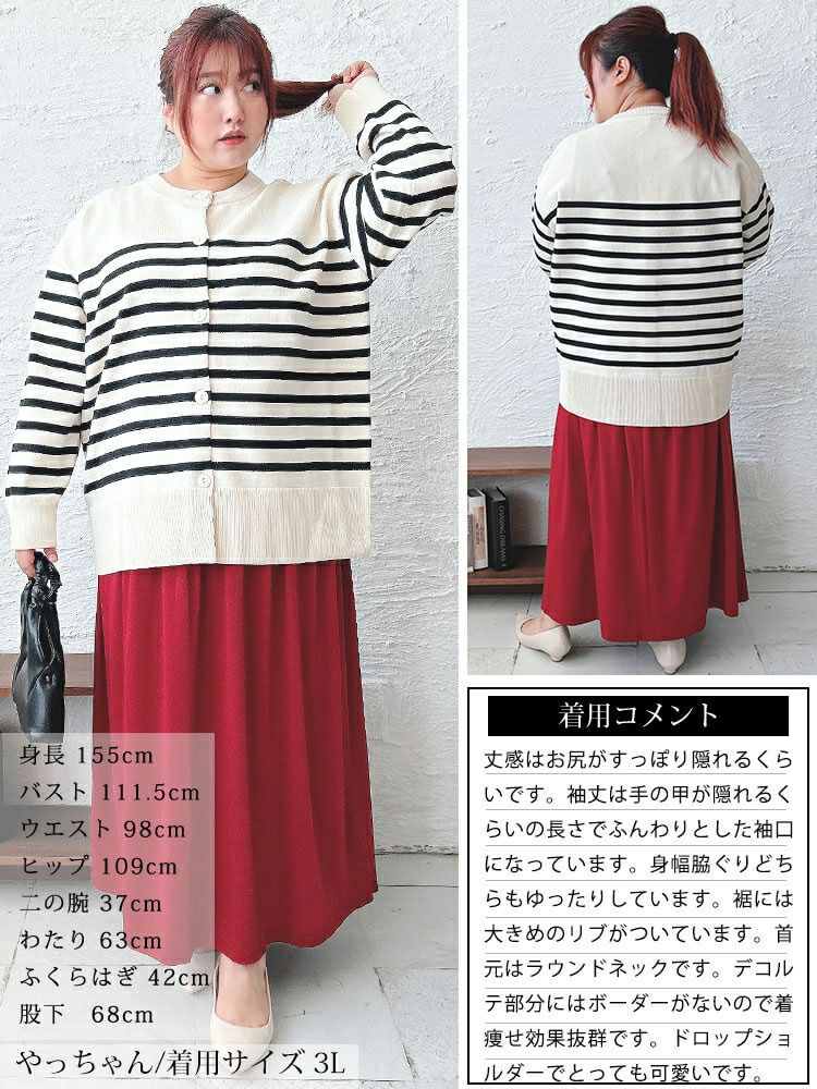 大きいサイズ レディース ラウンドネックパネルボーダーカーディガン　cpdai-640568