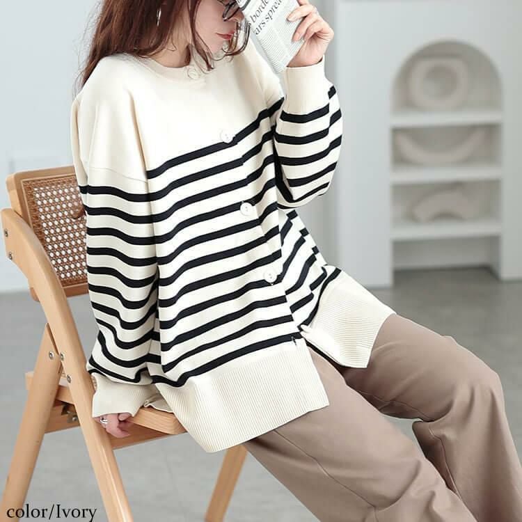 大きいサイズ レディース ラウンドネックパネルボーダーカーディガン　cpdai-640568 アイボリー