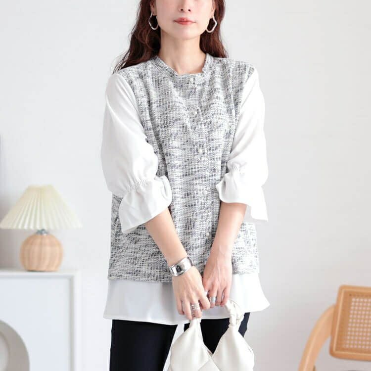 大きいサイズ レディース 3wayツイードフェイクベストプルオーバー　cpdai-659109