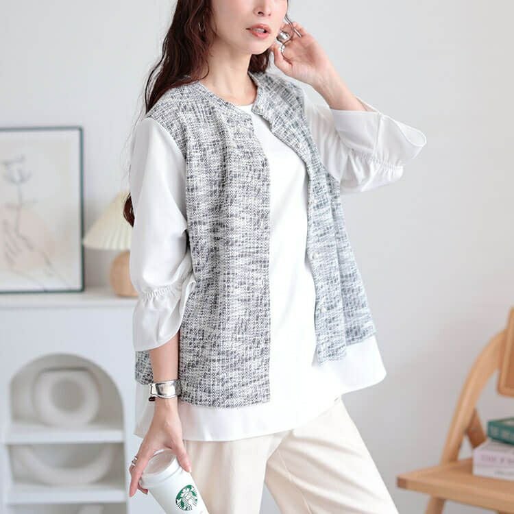 大きいサイズ レディース 3wayツイードフェイクベストプルオーバー　cpdai-659109