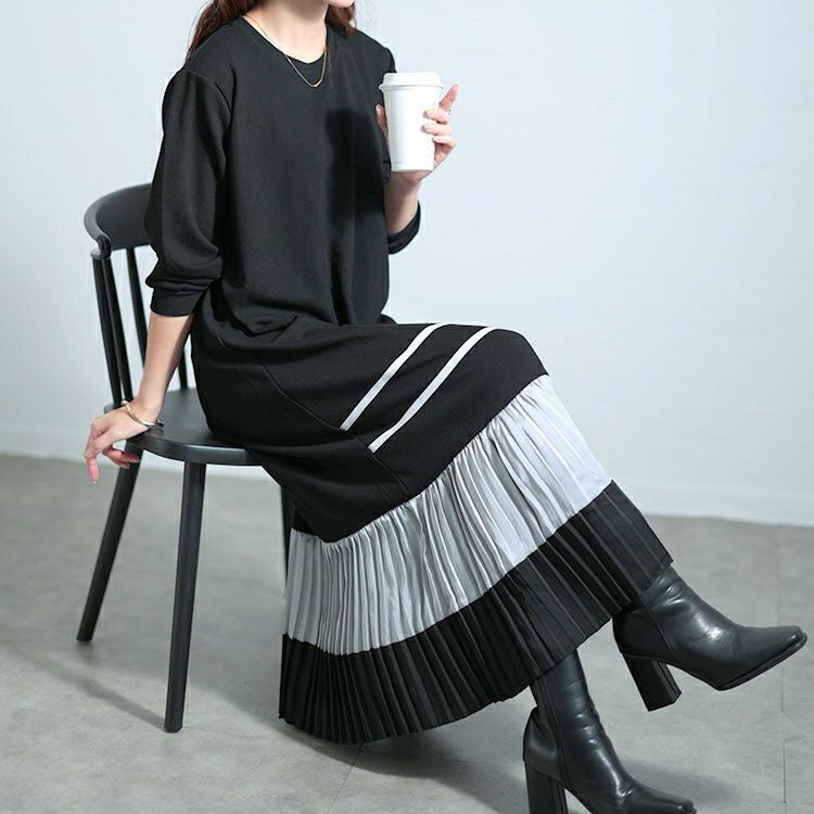 大きいサイズ レディース 裾プリーツ切替えロングワンピース　goldy-1579