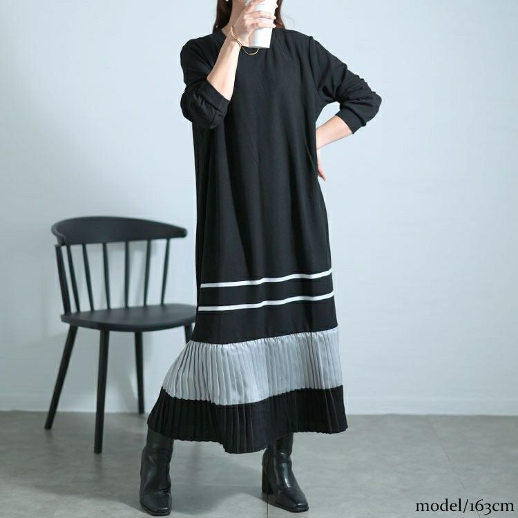 大きいサイズ レディース 裾プリーツ切替えロングワンピース　goldy-1579