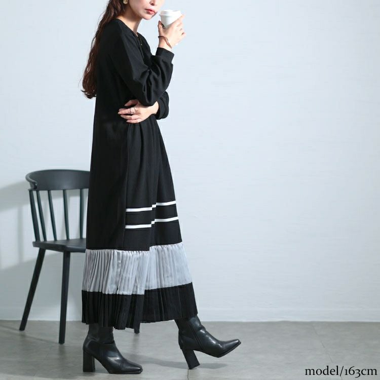 大きいサイズ レディース 裾プリーツ切替えロングワンピース　goldy-1579