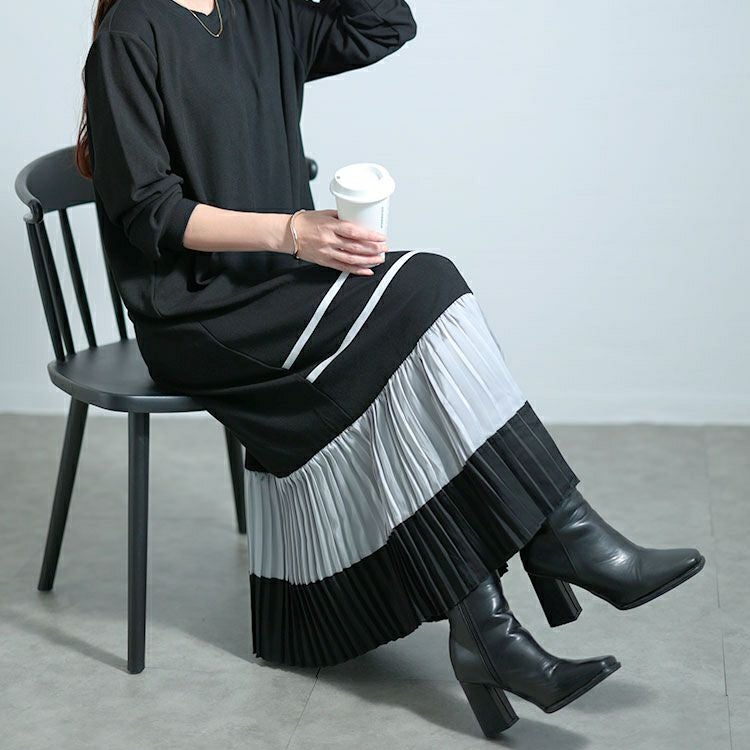 大きいサイズ レディース 裾プリーツ切替えロングワンピース　goldy-1579