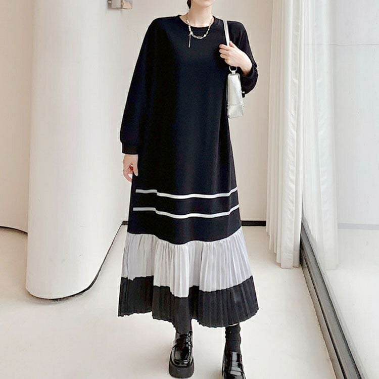 大きいサイズ レディース 裾プリーツ切替えロングワンピース　goldy-1579