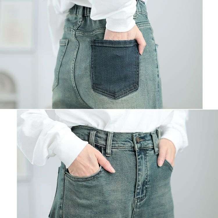 大きいサイズ レディース バイカラーポケットデニムストレートパンツ　goldy-1572