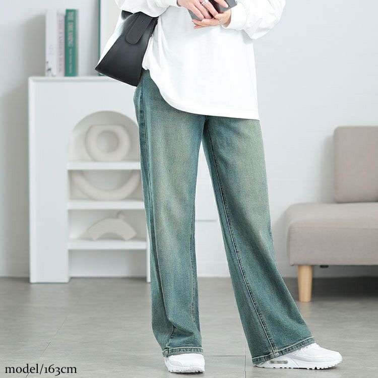 大きいサイズ レディース バイカラーポケットデニムストレートパンツ　goldy-1572