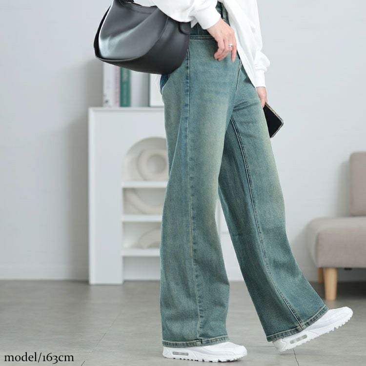 大きいサイズ レディース バイカラーポケットデニムストレートパンツ　goldy-1572