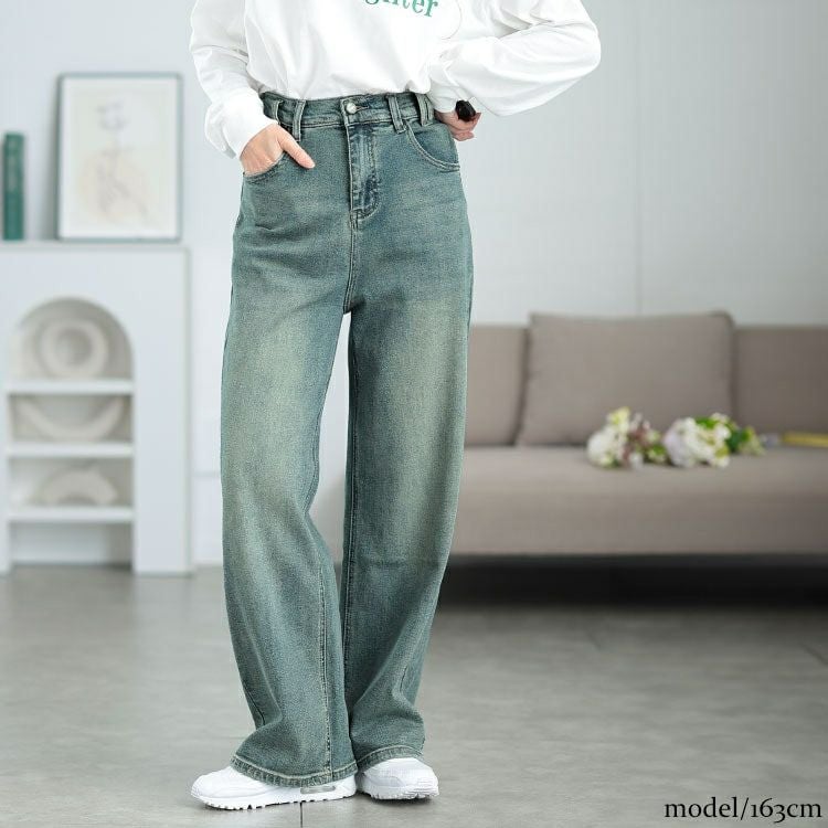 大きいサイズ レディース バイカラーポケットデニムストレートパンツ　goldy-1572