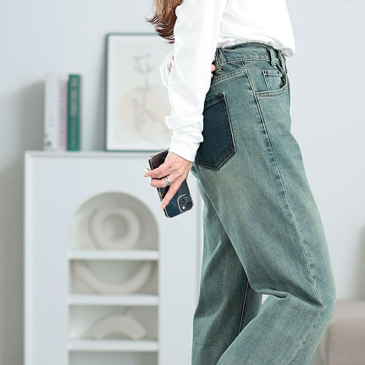 大きいサイズ レディース バイカラーポケットデニムストレートパンツ　goldy-1572