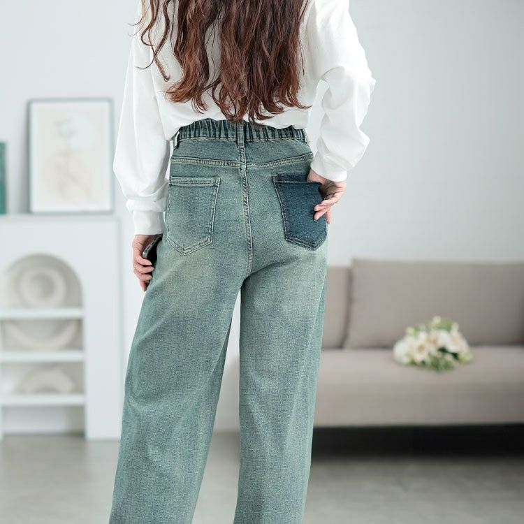 大きいサイズ レディース バイカラーポケットデニムストレートパンツ　goldy-1572