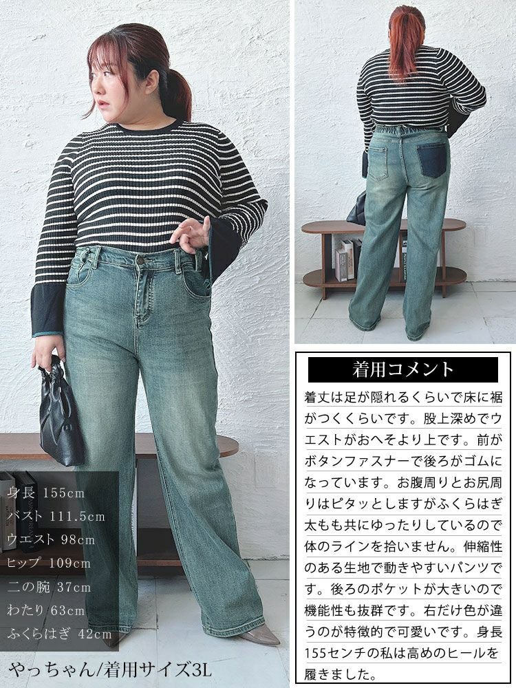 大きいサイズ レディース バイカラーポケットデニムストレートパンツ　goldy-1572